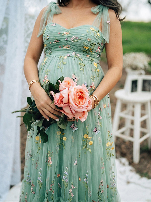 Green Floral Tulle Maternity Maxi Dress – Embroidered Baby Shower Gown