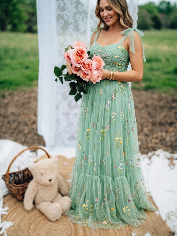 Green Floral Tulle Maternity Maxi Dress – Embroidered Baby Shower Gown