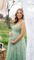 Green Floral Tulle Maternity Maxi Dress – Embroidered Baby Shower Gown
