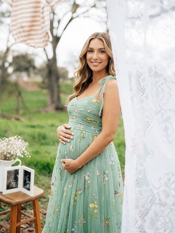 Green Floral Tulle Maternity Maxi Dress – Embroidered Baby Shower Gown