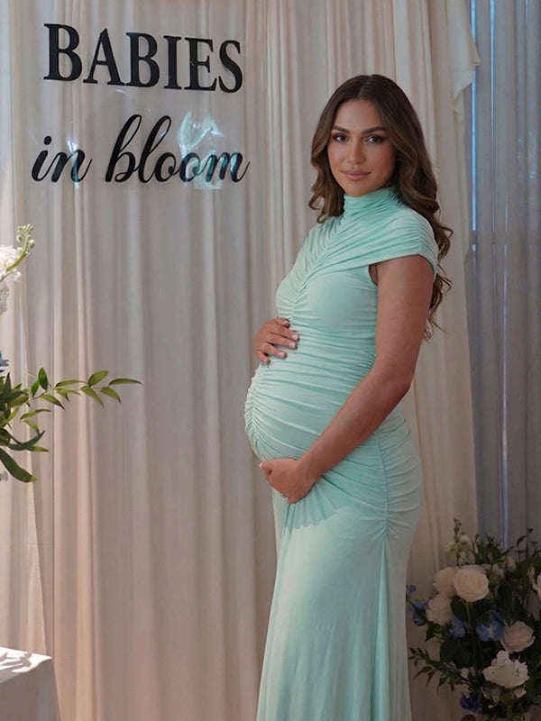 High-Neck Ruched Front Maternity Maxi Dress