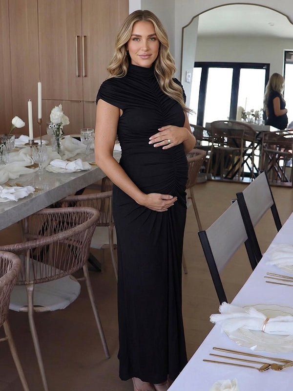 High-Neck Ruched Front Maternity Maxi Dress