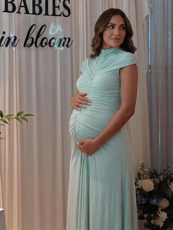 High-Neck Ruched Front Maternity Maxi Dress