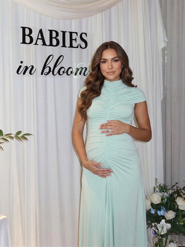 High-Neck Ruched Front Maternity Maxi Dress