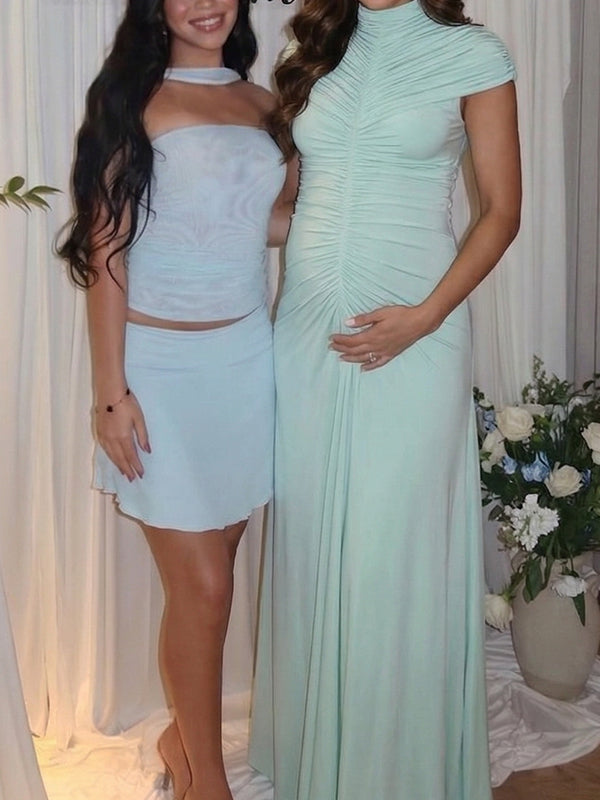 High-Neck Ruched Front Maternity Maxi Dress