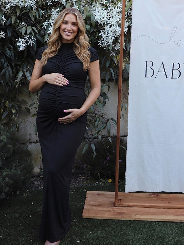 High-Neck Ruched Front Maternity Maxi Dress