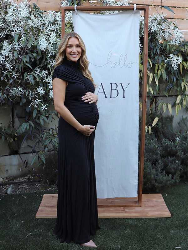 High-Neck Ruched Front Maternity Maxi Dress