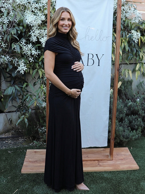 High-Neck Ruched Front Maternity Maxi Dress