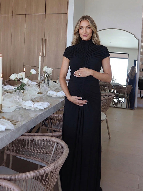 High-Neck Ruched Front Maternity Maxi Dress