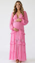 hot pink lace trim maternity maxi dress with long sleeves and flowing tiered skirt