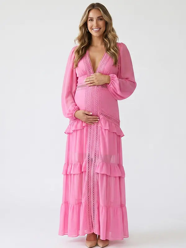 hot pink lace trim maternity maxi dress with long sleeves and flowing tiered skirt