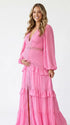 hot pink lace trim maternity maxi dress with long sleeves and flowing tiered skirt