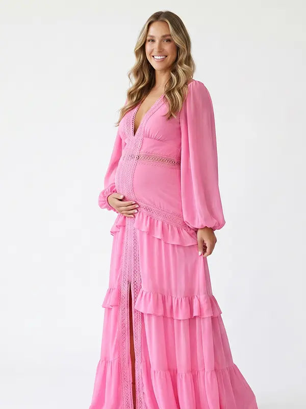 hot pink lace trim maternity maxi dress with long sleeves and flowing tiered skirt
