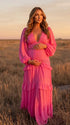 hot pink lace trim maternity maxi dress with long sleeves and flowing tiered skirt