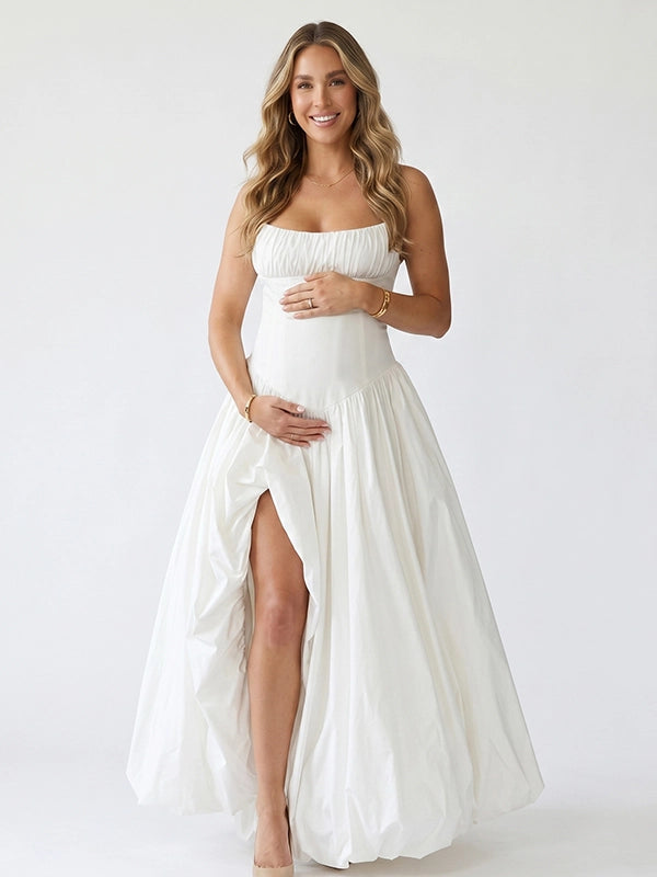 Ivory Halter Corset Maternity Ball Gown with High Slit