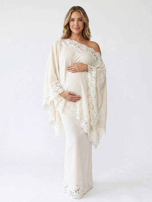 Ivory Off Shoulder Lace-Trimmed Cape Two Piece Maternity Gown