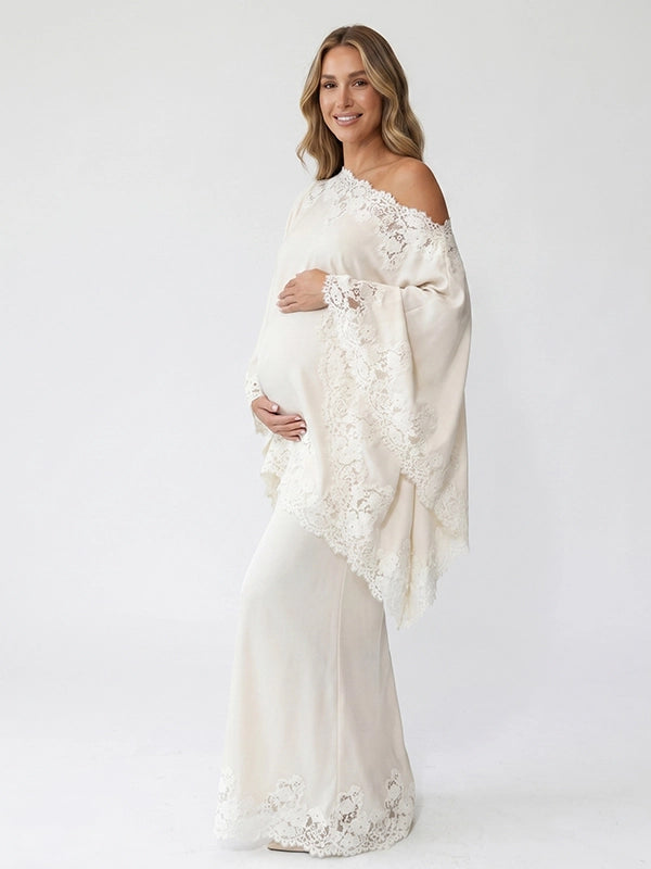 Ivory Off Shoulder Lace-Trimmed Cape Two Piece Maternity Gown