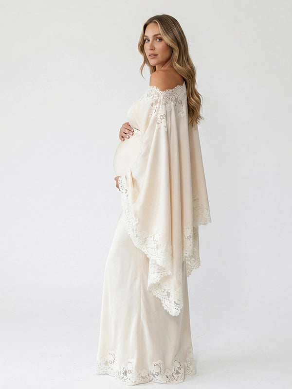 Ivory Off Shoulder Lace-Trimmed Cape Two Piece Maternity Gown
