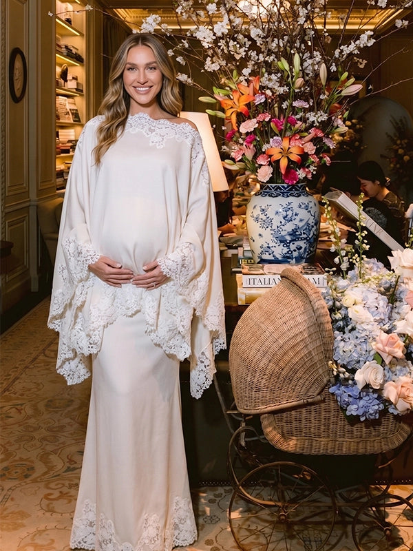 Ivory Off Shoulder Lace-Trimmed Cape Two Piece Maternity Gown