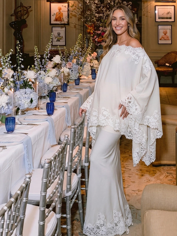 Ivory Off Shoulder Lace-Trimmed Cape Two Piece Maternity Gown