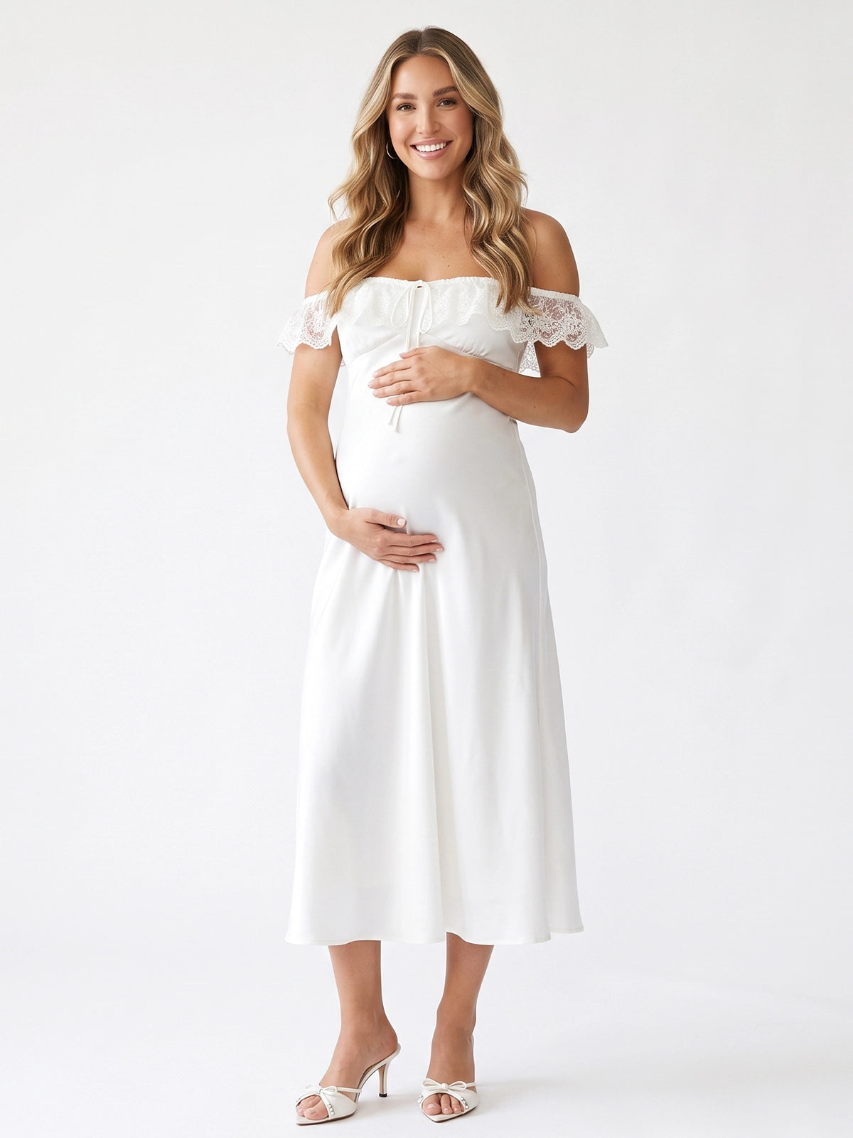 Ivory Off Shoulder Satin Bardot Lace Trim Maternity Midi Dress