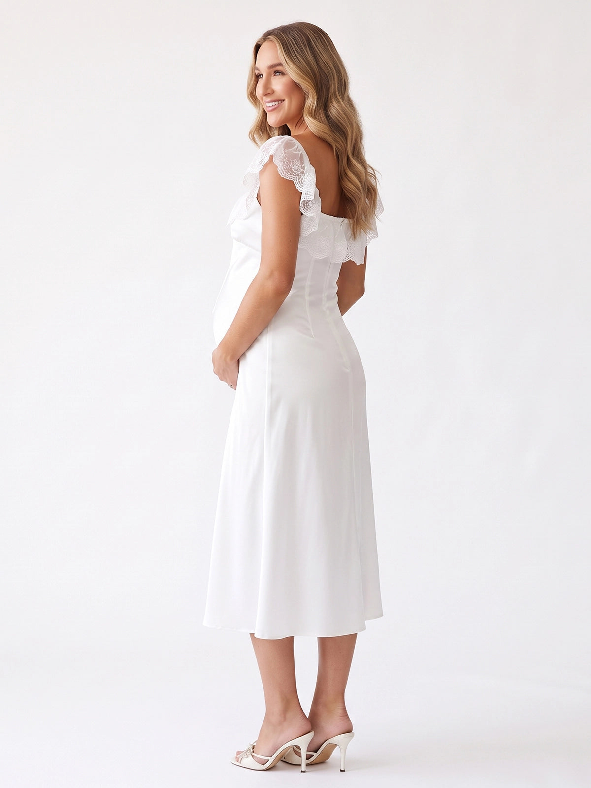 Ivory Off Shoulder Satin Bardot Lace Trim Maternity Midi Dress