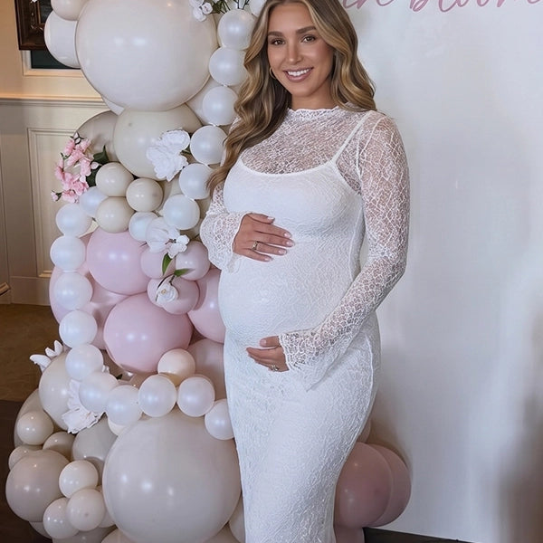 Ivory White Long-Sleeve Floral Lace Two Piece Maternity Midi Dress