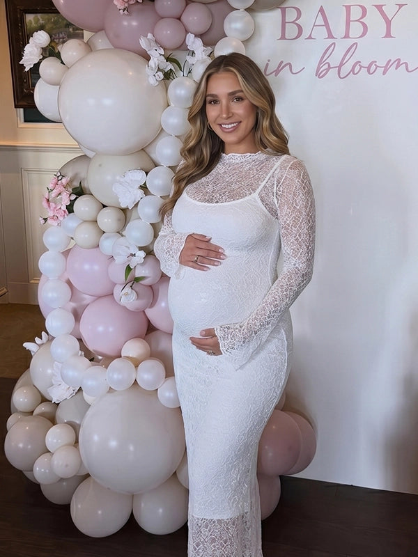 Ivory White Long-Sleeve Floral Lace Two Piece Maternity Midi Dress