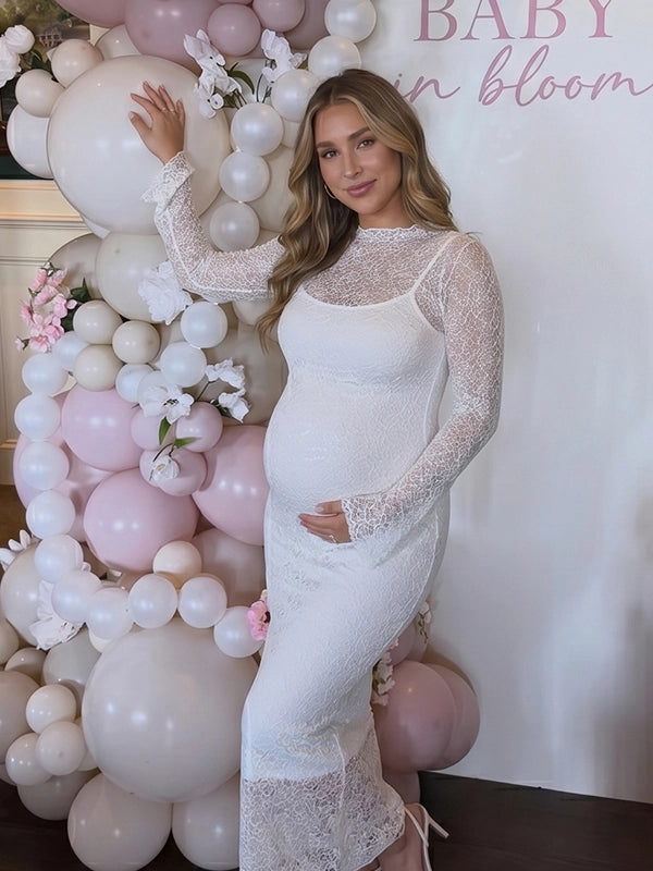 Ivory White Long-Sleeve Floral Lace Two Piece Maternity Midi Dress