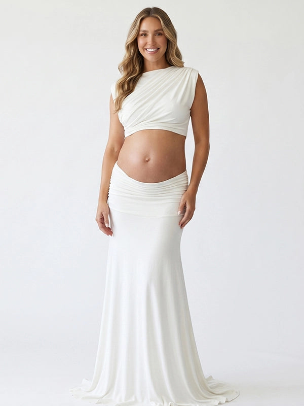 Ivory White Mock-Neck Ruched Crop Two Piece Maternity Maxi Gown