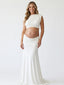 Ivory White Mock-Neck Ruched Crop Two Piece Maternity Maxi Gown