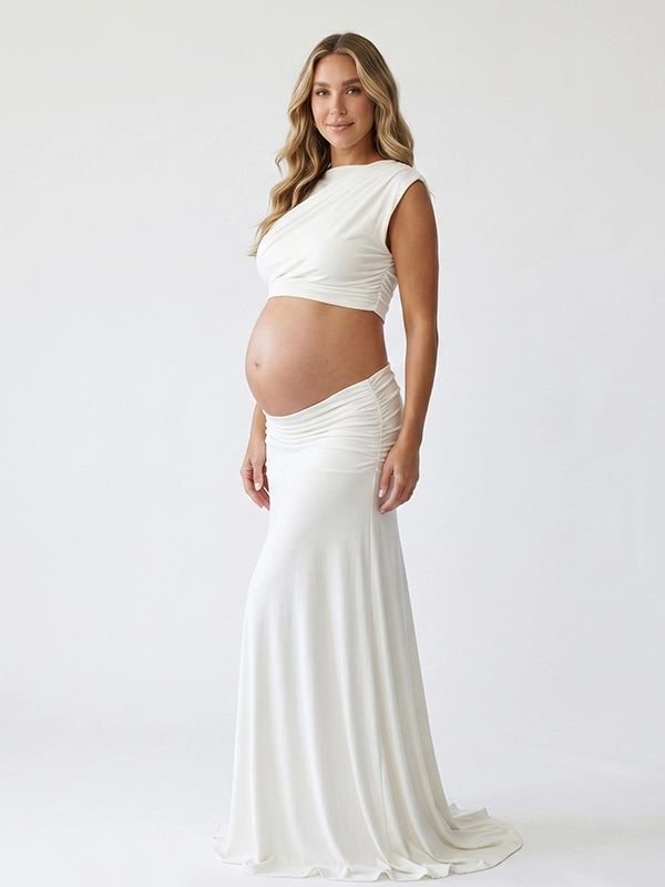 Ivory White Mock-Neck Ruched Crop Two Piece Maternity Maxi Gown