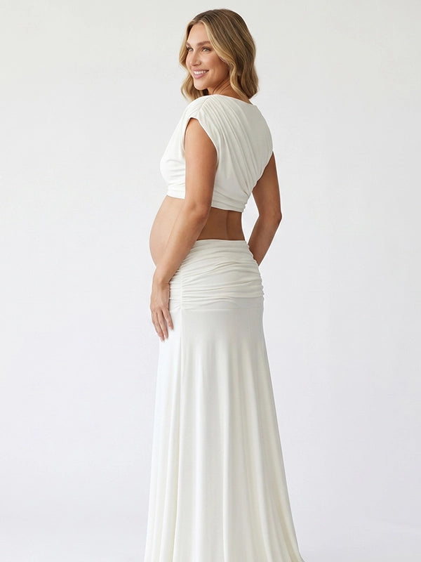 Ivory White Mock-Neck Ruched Crop Two Piece Maternity Maxi Gown