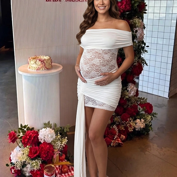 Ivory White Off Shoulder Lace-Inset Draped Maternity Mini Dress