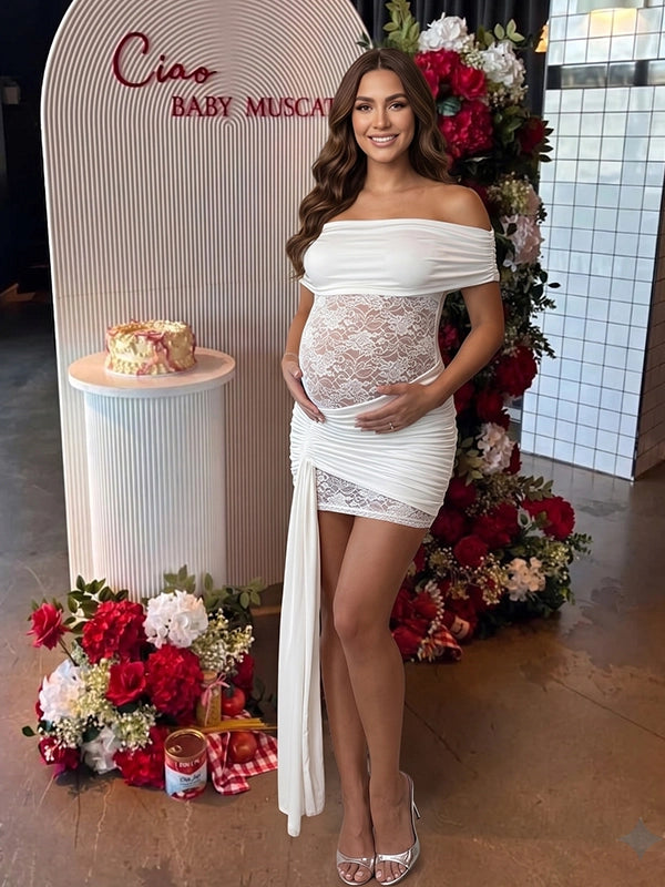 Ivory White Off Shoulder Lace-Inset Draped Maternity Mini Dress