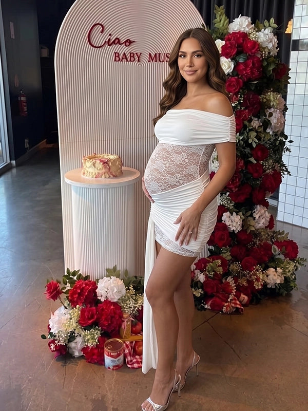 Ivory White Off Shoulder Lace-Inset Draped Maternity Mini Dress