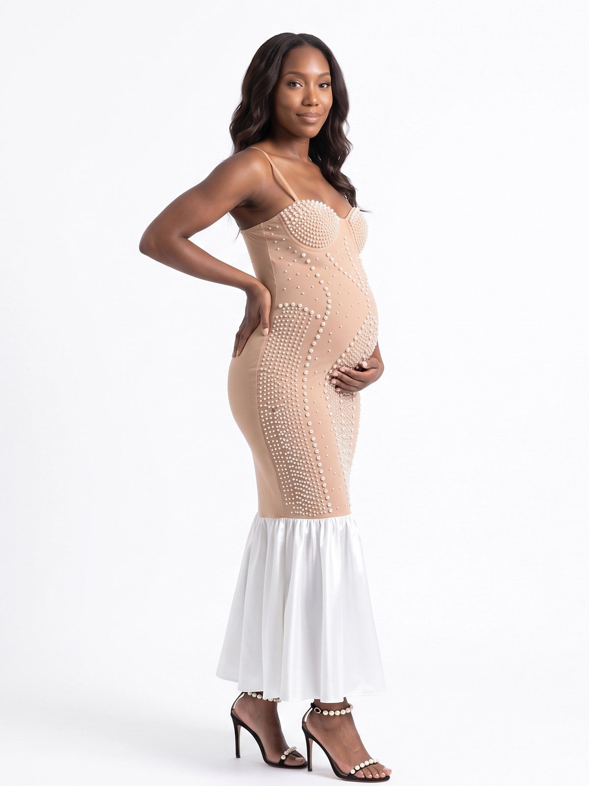 Khaki Rhinestone & Pearl Cami Mermaid Maternity Maxi Dress