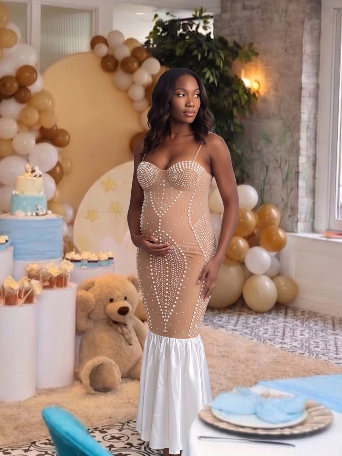 Khaki Rhinestone & Pearl Cami Mermaid Maternity Maxi Dress