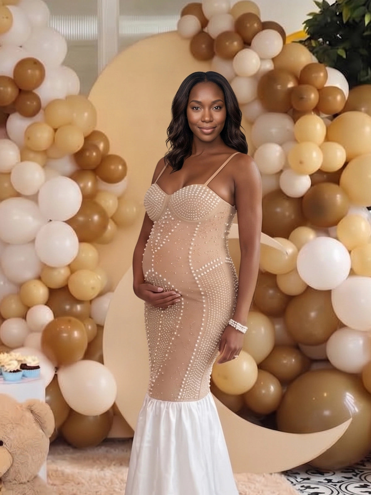 Khaki Rhinestone & Pearl Cami Mermaid Maternity Maxi Dress