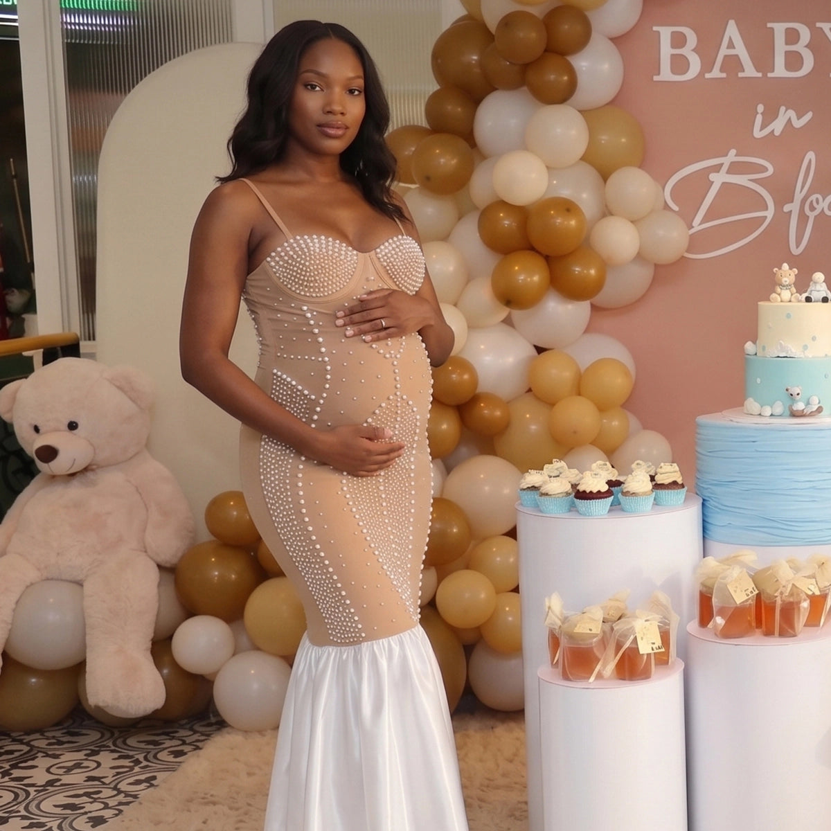 Khaki Rhinestone & Pearl Cami Mermaid Maternity Maxi Dress