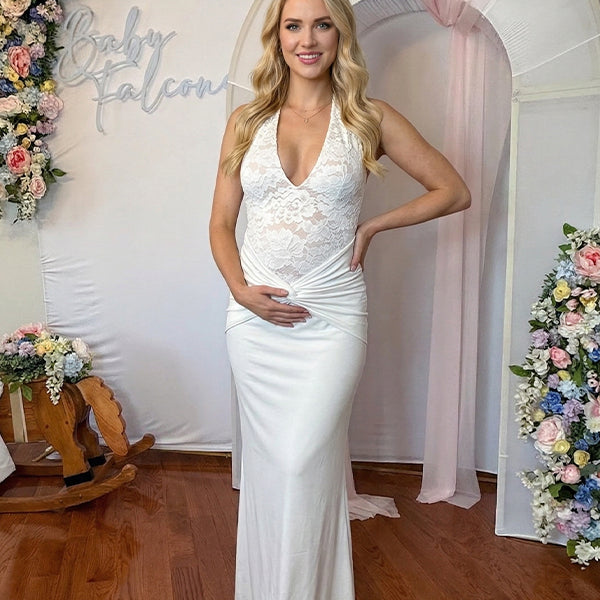 Lace Bodice Halter Maternity Maxi Gown with Knotted Waist Detail