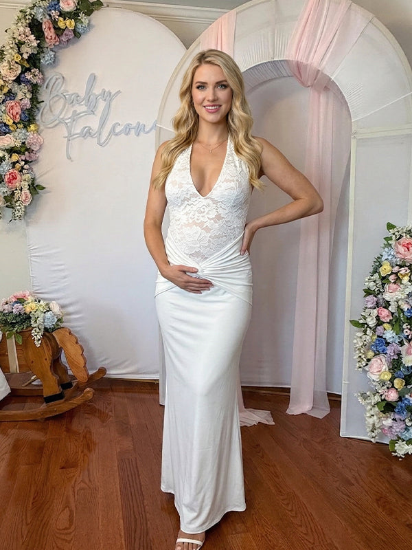 Lace Bodice Halter Maternity Maxi Gown with Knotted Waist Detail