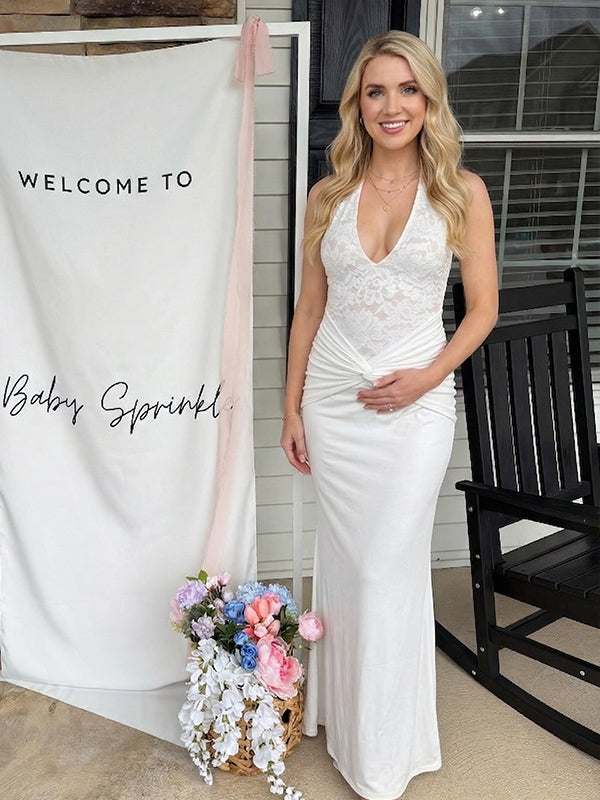 Lace Bodice Halter Maternity Maxi Gown with Knotted Waist Detail