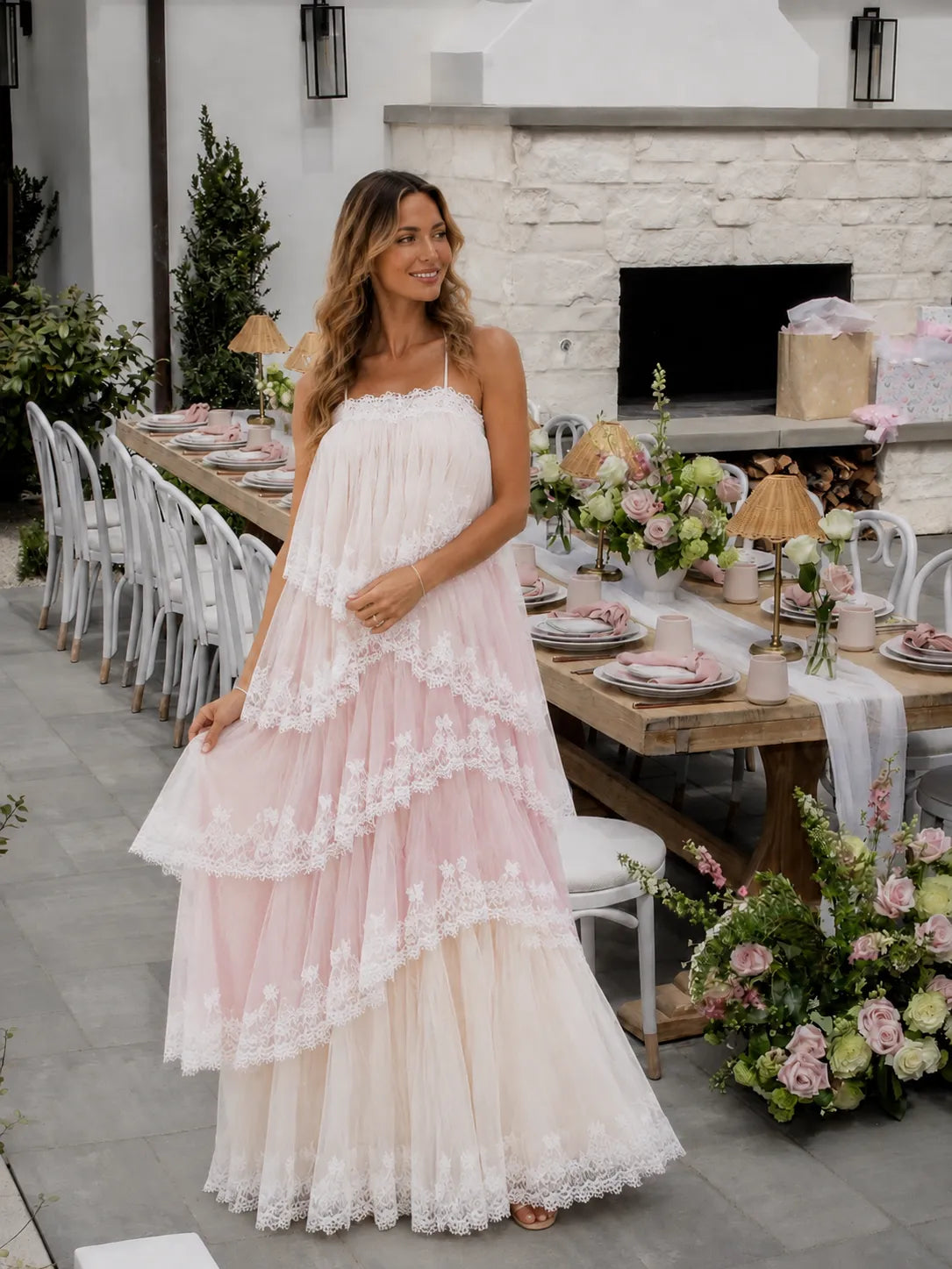 Blush Pink Lace Tiered Backless Maternity Maxi Dress