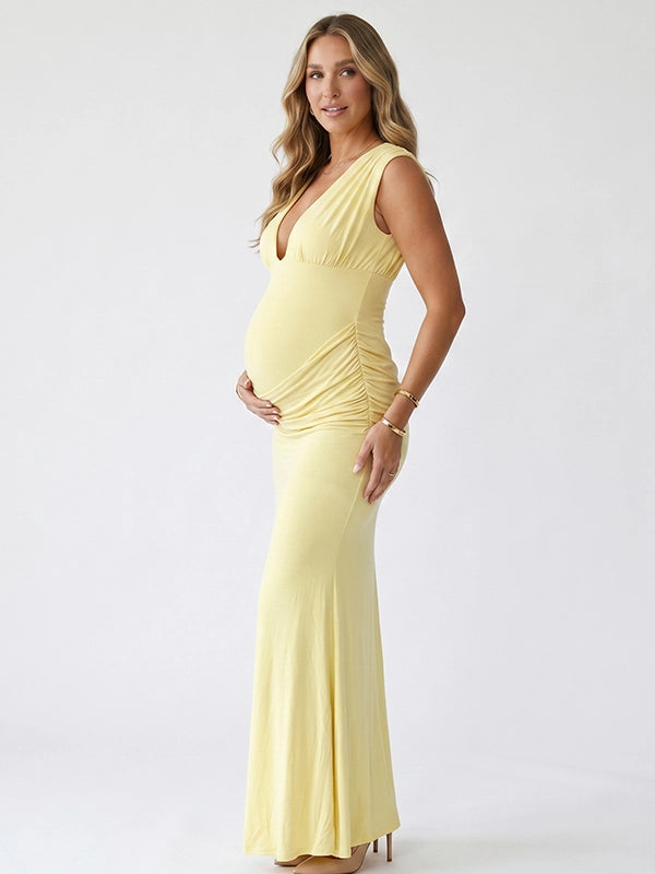 Lemon Yellow Deep V-Neck Ruched Maternity Maxi Gown