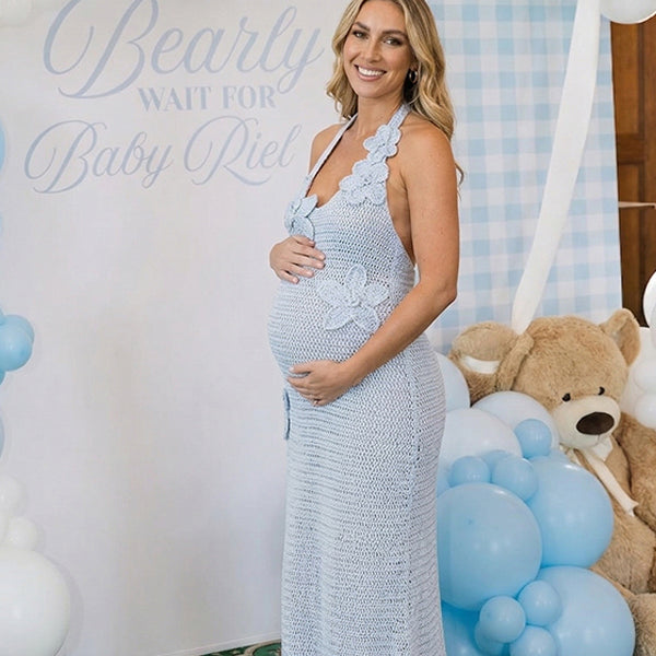 Light Blue 3D Floral Crochet Halter Maternity Maxi Dress