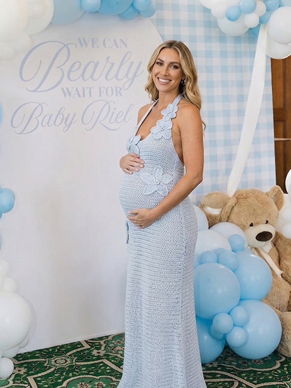 Light Blue 3D Floral Crochet Halter Maternity Maxi Dress