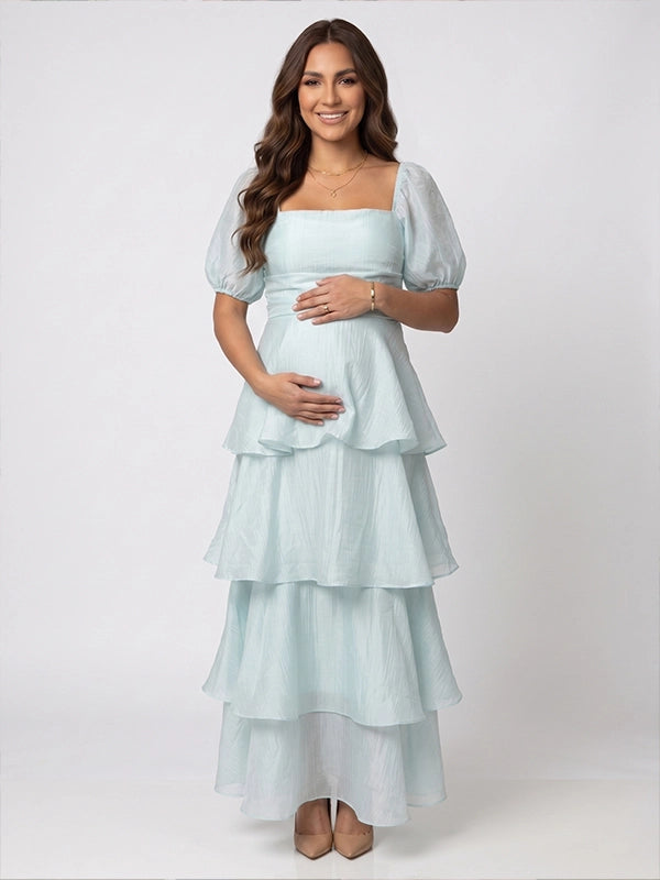 Light Blue Puff Sleeve Tiered Maternity Maxi Gown — "It's a Boy" Baby Shower Dress