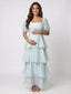 Light Blue Puff Sleeve Tiered Maternity Maxi Gown — 
