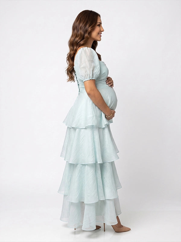 Light Blue Puff Sleeve Tiered Maternity Maxi Gown — "It's a Boy" Baby Shower Dress